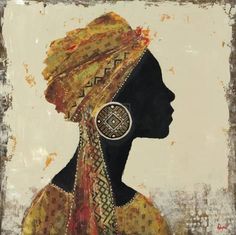 an abstract painting of a woman's profile with earrings on her head, in gold and black