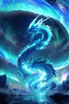 a blue dragon sitting on top of a lake under a sky filled with stars and clouds