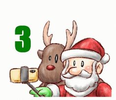 a drawing of santa claus holding a camera with reindeer on it and the number three