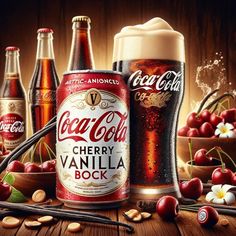 an advertisement for the coca cola company with cherries and other fruit in front of it