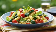 a blue bowl filled with pasta and tomatoes on top of a table next to a glass of beer