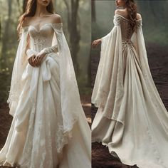 two pictures of the same woman in wedding gowns, one is wearing an off shoulder dress