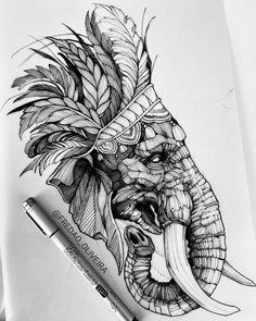 an elephant with feathers on it's head is drawn in black and white ink