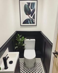 a white toilet sitting next to a bathroom sink under a framed picture on the wall