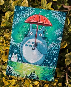 a painting of a totoro holding an umbrella in front of some leaves and bushes