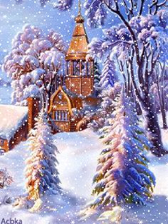 a painting of a snowy scene with a church in the distance and trees on either side