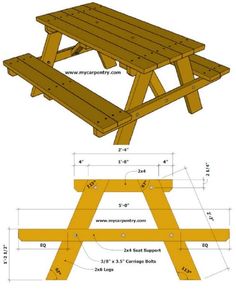 a wooden picnic table with measurements for the top and bottom section, along with an additional bench