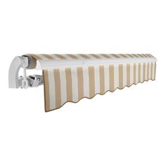 a white and tan striped awning on the side of a wall