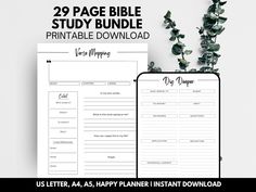 the printable bible study bundle is displayed next to a plant