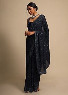 Navy Blue Saree Party Wear, Glitter Saree, Qawali Night, Formal Saree, Sequin Saree, Kundan Work