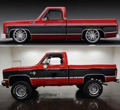 two pictures of a red and black truck