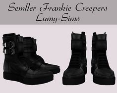 some black shoes with buckles on them and the words smiler franie creepers lu