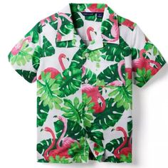 Brand New, Never Worn Kids Size 7 Colorful Vibrant Fun Top Tropical Flamingo Print Button Down Shirt Linen & Cotton Material Our Breezy Cotton Shirt Is A Standout With Its Tropical Flamingo Print, Relaxed Collar And Straight Hem Silhouette. Just Add A Sunny Day. 51% Linen/49% Cotton Short Sleeve Button Front Chest Pocket Unisex Tropical Flamingo, Shirt Linen, Flamingo Print, Twill Shorts, Sandals For Sale, Janie And Jack, Sunny Day, Nice Tops, Linen Shirt