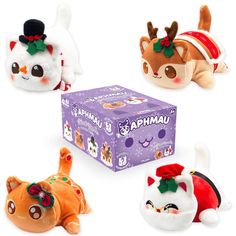 four small stuffed animals are in the shape of santa's helper, snowman, and cat