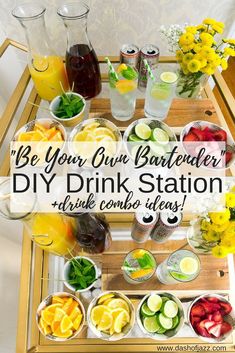 a wooden table topped with drinks and food