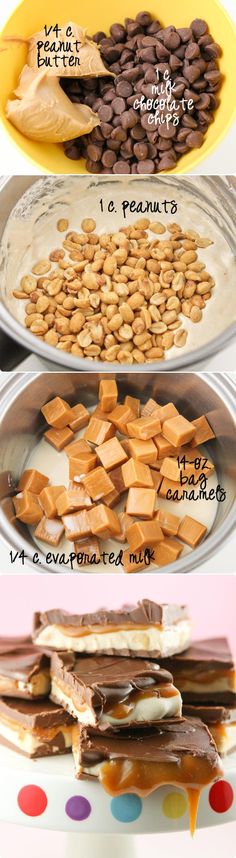 four different types of desserts on plates with chocolate and peanut butter in the middle