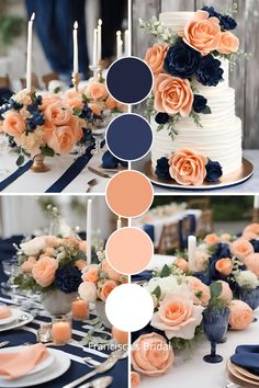 the wedding cake is decorated with blue and peach flowers