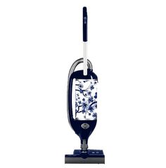 a blue and white vacuum cleaner with flowers on it's side, in front of a white background