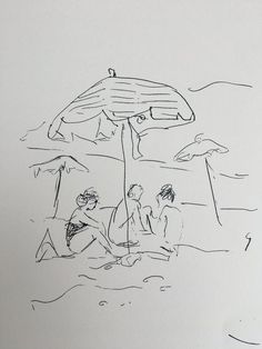 a drawing of people sitting under an umbrella on the beach in the sand, with one person holding a surfboard