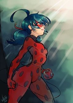 a ladybug with blue hair is standing in the rain