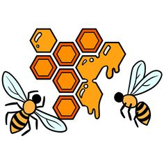 two bees and honeycombs on a white background, with one bee flying towards the other