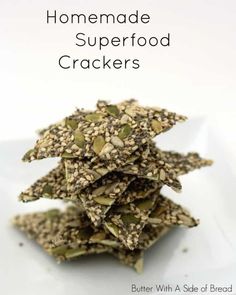 homemade superfood crackers stacked on top of each other with text overlay