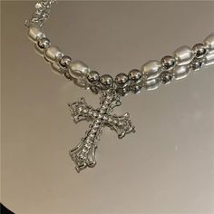 Baroque Jewelry, Pearl Cross Necklace, Jewelry Goth, Goth Necklace, Silver Cross Necklace, Neck Jewelry, Y2k Jewelry, Style Baroque, Gothic Necklace