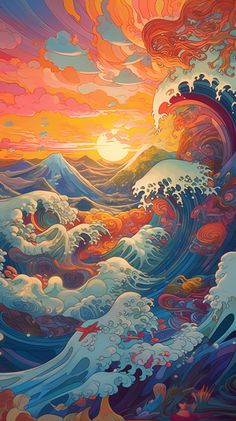 an abstract painting of waves in the ocean with sun rising over them and clouds above