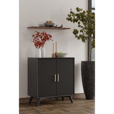 a black cabinet sitting next to a potted plant on top of a wooden shelf