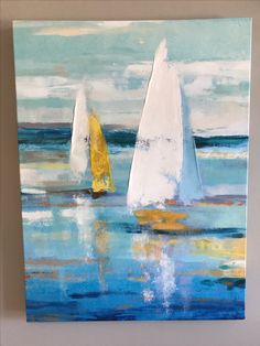 two sailboats in the ocean with blue sky and clouds behind them, painted on an acrylic board