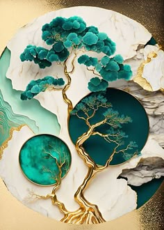 a painting with trees and mountains in the background on a gold foiled paper plate