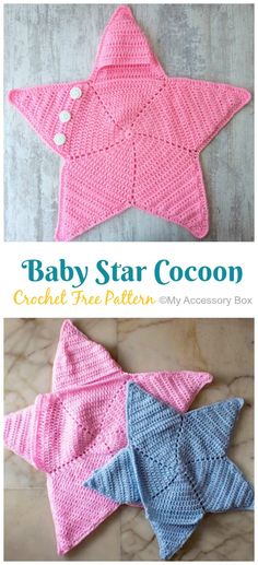 crochet baby star cocoon is shown in pink and blue