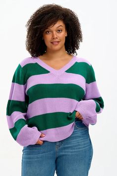 Rashina V-Neck Jumper - Lilac/Green, Wide Stripes – Sugarhill Brighton Rugby Stripe, Textured Yarn, Wide Stripes, Loose Knit, Independent Designers Fashion, Deep Green, Collar And Cuff, Neck Collar