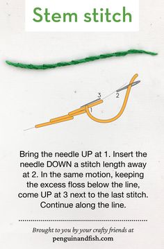 Stem stitch - embroidery how-to, quick video, and step by step guide Embroidery Stitch Guide, Stem Stiching Designs, Embroidery How To Step By Step, How To Stem Stitch Embroidery, Steam Stitch, How To Embroider Flowers Step By Step, Embroidery Designs Stem Stitch, Stem Stitch Embroidery Design, How To Stem Stitch