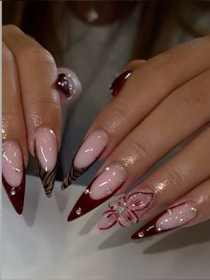 Red Nails 3d Art Designs, Nail Inspiration January, Red Birthday Nail Ideas, Maroon New Years Nails, Burgundy And Gold Almond Nails, Maroon And Silver Nails Acrylic, Maroon Birthday Nails, Vampire Diaries Inspired Nails, New Year Winter Nails