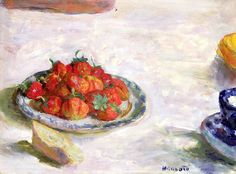 a painting of strawberries on a plate next to a teapot and lemons