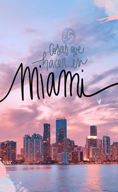 there is a city skyline with the words miami on it