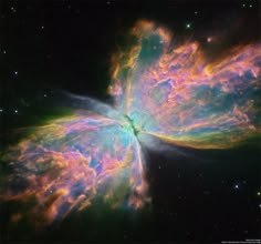 the butterfly shaped object in space with stars and lightenings on it's side