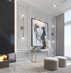 an elegant living room with marble flooring and white walls, artwork on the wall