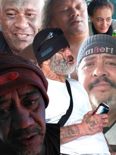 a collage of men with different facial expressions and tattoos on their faces, including one man holding a cell phone