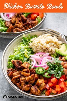 two bowls filled with chicken burrito bowls and veggies on top of each bowl