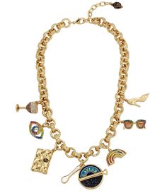 From Kurt Geiger London&#x2C; this necklace features:Collar necklaceBrass/glass crystal/plastic/Mother of pearl/enamelLobster claw closureFeaturing signature mixed charms at front including playful caviar with coordinating mother of pearl spoon&#x2C; Kensington quilted purse&#x2C; evil eye&#x2C; wine glass&#x2C; rainbow&#x2C; spectacles and high heelApprox. 16" L + 2" extenderIncludes Kurt Geiger London pouchImported&#046 Quilted Purse, Bib Collar, Quilted Purses, Kurt Geiger, Accessories Jewelry Necklace, Glass Crystal, Dillard's, Collar Necklace, Spectacles