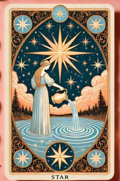 the star tarot card is displayed on a pink wall with stars above it and water pouring