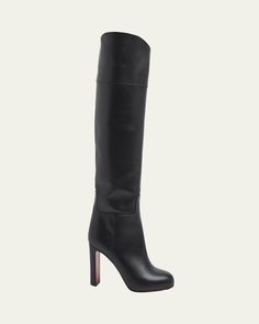 Christian Louboutin "Loo" soft leather knee boots     3.25 in / 85 mm block heel    Round toe    Pullon style    Signature Louboutin red leather outsole    Made in Italy Leather Knee Boots, Red Louboutin, Evening Flats, Red Sole, Flat Boots, Pump Sandals, Platform Pumps, Handbag Shopping, Sneaker Shopping