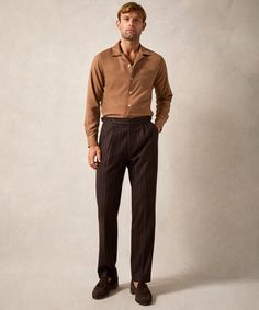 Italian Flannel Side Tab Trouser in Brown Pinstripe Classic Pinstripe Shirt, Mens Single Pleat Pants, Pleated Corduroy Pants Men, Wool Pants Mens, Semi-formal Brown Pants For Fall, Brown Semi-formal Fall Bottoms, Semi-formal Brown Bottoms For Fall, Brown Bottoms For Semi-formal Fall Occasions, Sweatshorts Shorts