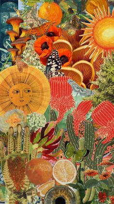 a collage of flowers and plants with sun in the sky over them, including oranges