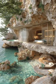 a house built into the side of a cliff next to water with a bed in it