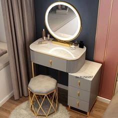 a vanity with a mirror and stool in a room