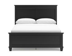 a black bed frame with white pillows and sheets on top of it, against a white background