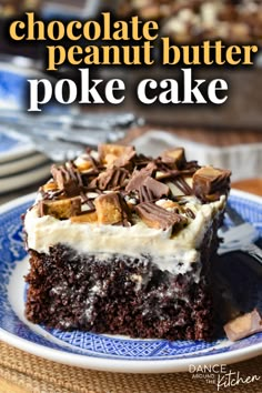 a piece of chocolate peanut butter poke cake on a blue and white plate